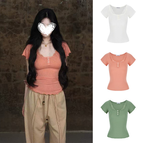 MosesQueen魔西女王蕾丝花边收腰短袖t恤木耳边纯欲显瘦修身上衣