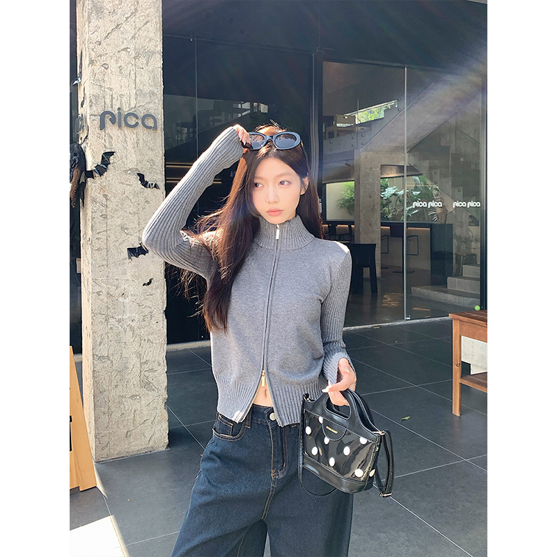 美式双拉链立领针织开衫短款上衣