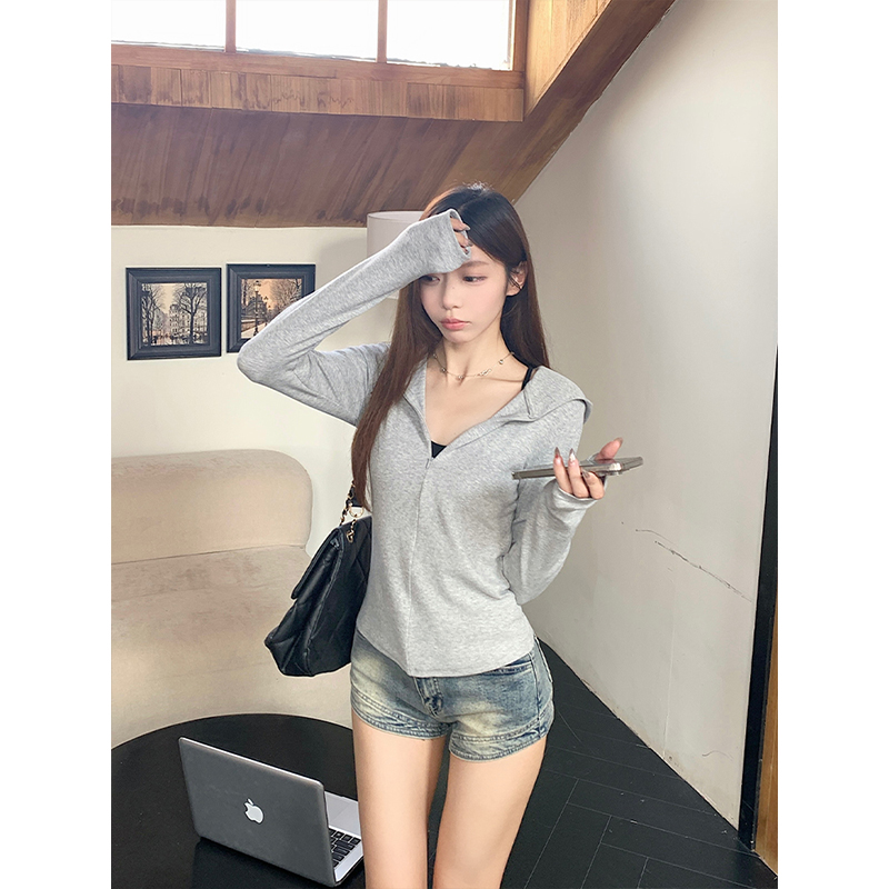 连帽短款长袖女设计感显瘦上衣