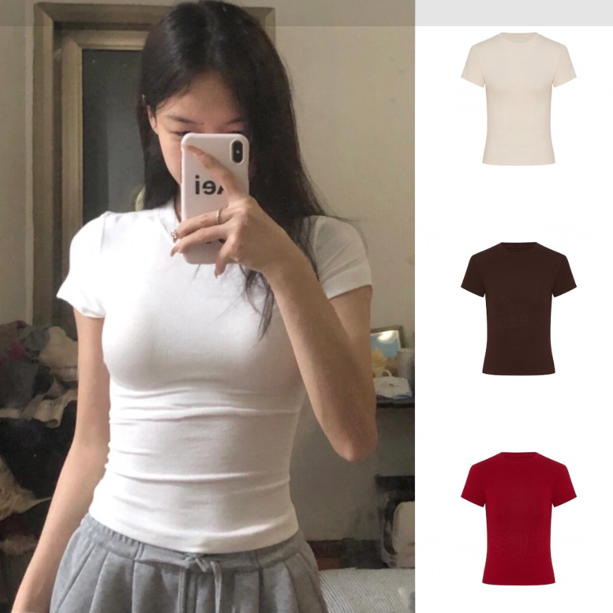 MosesQueen魔西女王掐腰正肩t恤白色短袖女修身辣妹短款打底衫