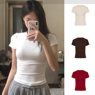 MosesQueen魔西女王掐腰正肩t恤白色短袖女修身辣妹短款打底衫