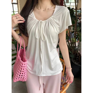 MosesQueen魔西女王松弛感褶皱系带短袖t恤夏季宽松显瘦休闲上衣