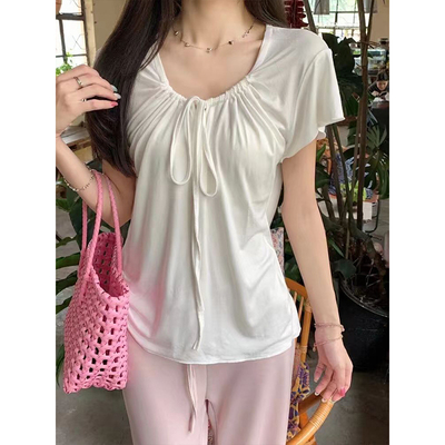 MosesQueen魔西女王松弛感褶皱系带短袖t恤夏季宽松显瘦休闲上衣