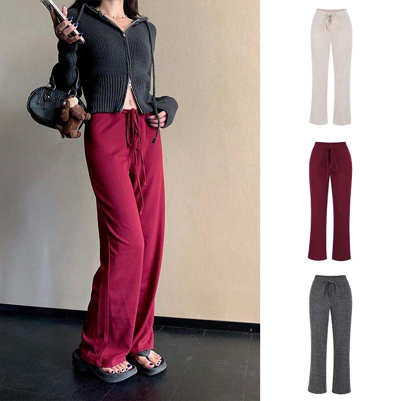 MosesQueen魔西女王灰色抽绳休闲裤子女新款收腰宽松显瘦阔腿卫裤