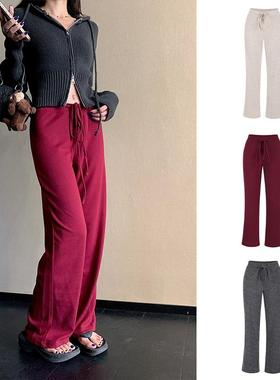 MosesQueen魔西女王灰色抽绳休闲裤子女新款收腰宽松显瘦阔腿卫裤