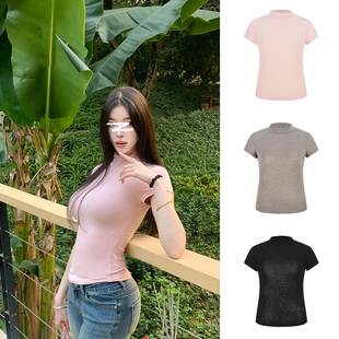 MosesQueen魔西女王半高領(lǐng)修身 顯瘦上衣 t恤2025夏微透打底衫 短袖