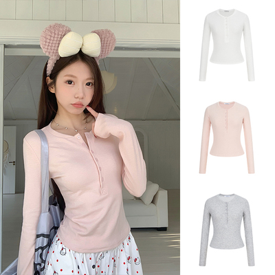 MosesQueen魔西女王粉色亨利领长袖t恤秋冬显瘦百搭内搭打底上衣