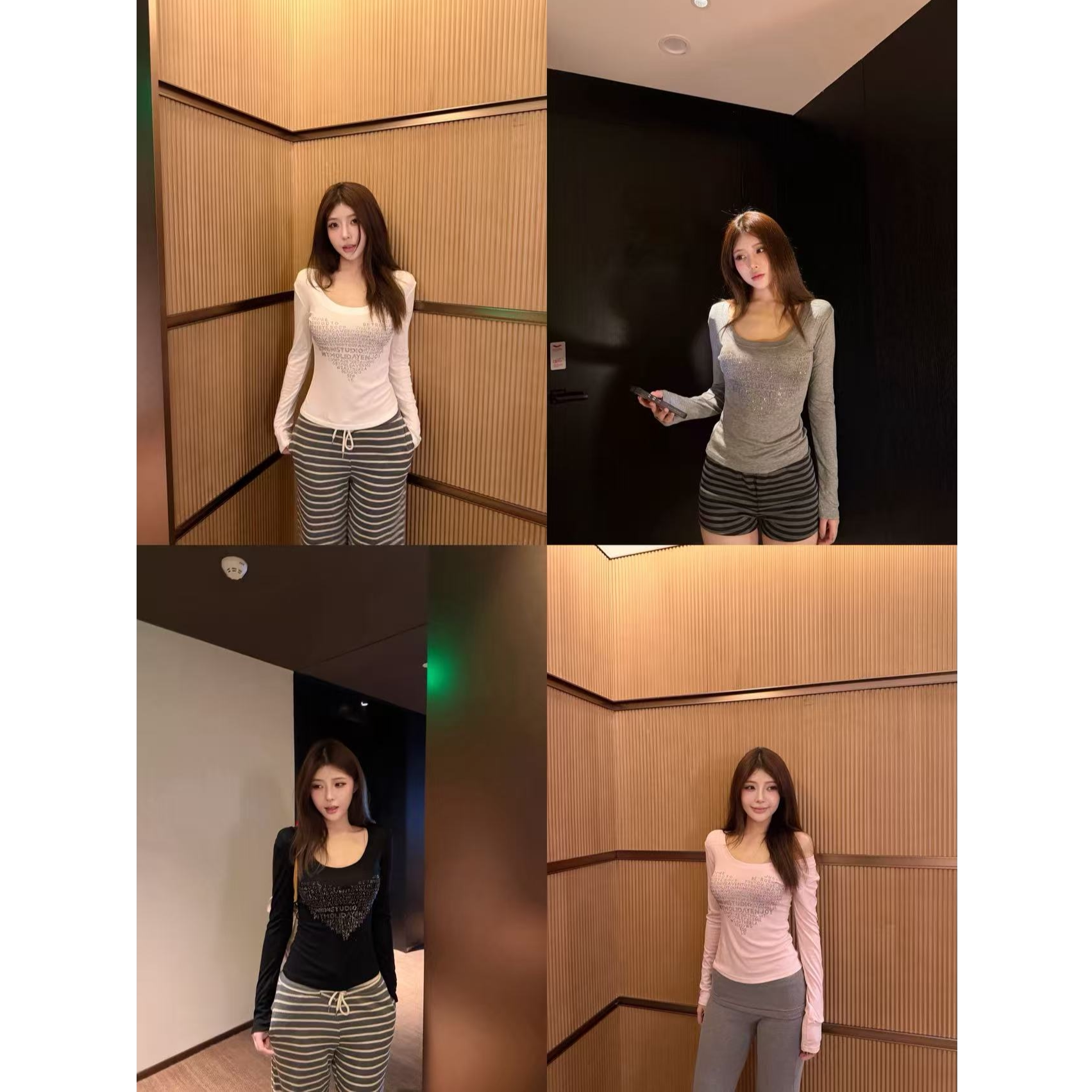 MosesQueen魔西女王纯欲爱心烫钻U领长袖T恤女修身显瘦薄款上衣图片