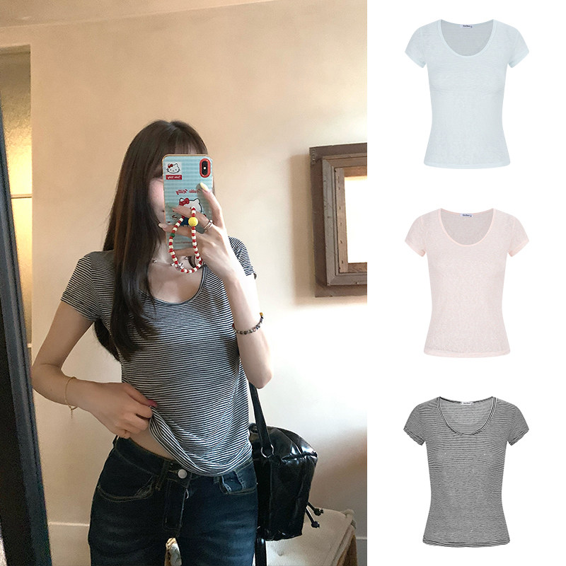 MosesQueen魔西女王条纹短袖T恤薄款夏季莱赛尔宽松U领正肩上衣女
