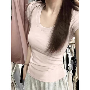MosesQueen魔西女王灰色U领修身短袖t恤夏季百搭收腰纯色显瘦上衣