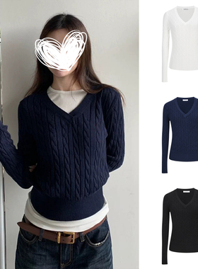 MosesQueen魔西女王V领修身针织衫女初秋新款毛衣显瘦长袖上衣