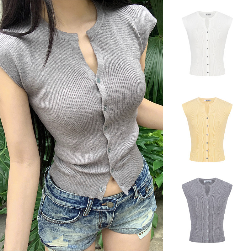 MosesQueen魔西女王多巴胺单排扣设计短袖针织衫2025夏季薄款上衣