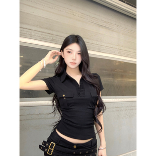 短袖 MosesQueen魔西女王黑色衬衫 性感修身 式 上衣女 V领口袋T恤夏季