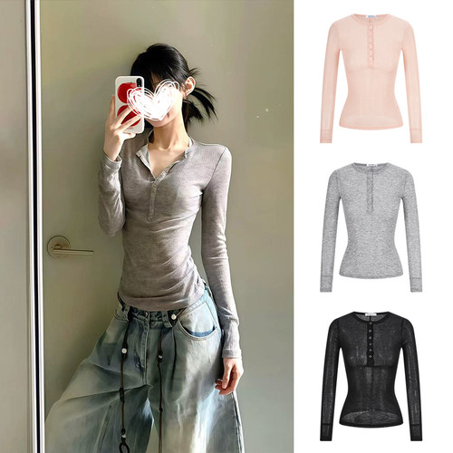 MosesQueen魔西女王灰色亨利领长袖T恤微透薄款半开领内搭上衣女