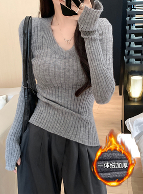 MosesQueen魔西女王灰色v领针织衫收腰显瘦一体绒加厚打底衫上衣