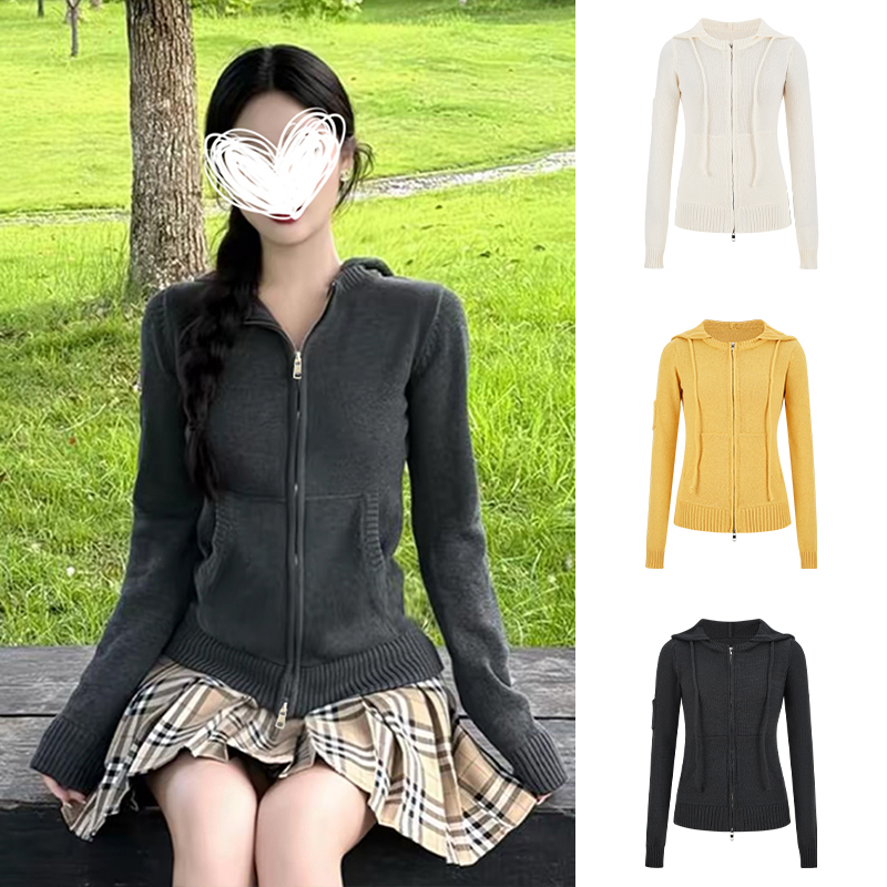 MosesQueen魔西女王美式复古格双拉链连帽开衫短款修身针织外套