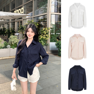 MosesQueen魔西女王藏青色衬衫外套薄款防晒衬衣翻领宽松长袖上衣