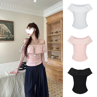 新款 t恤女2025夏季 设计感上衣 一字肩短袖 MosesQueen魔西女王法式