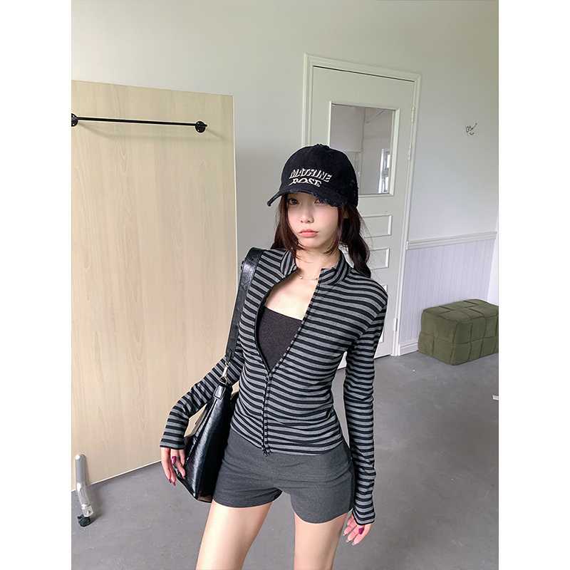 MosesQueen魔西女王条纹紧身美式双拉链立领外套掐腰显瘦上衣女
