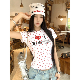 MosesQueen魔西女王美式 T恤辣妹顯瘦上衣 復(fù)古狗爪印花正肩短袖