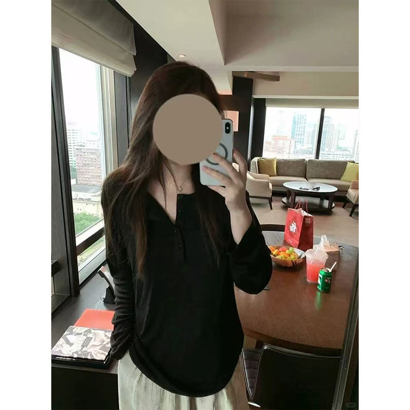 MosesQueen魔西女王黑色纽扣翻领长袖t恤新款正肩宽松纸片人上衣
