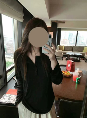 MosesQueen魔西女王黑色纽扣翻领长袖t恤新款正肩宽松纸片人上衣