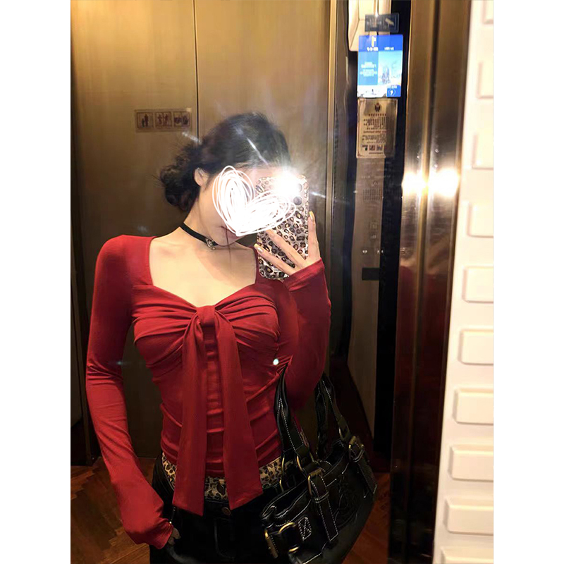 MosesQueen魔西女王圣诞红蝴蝶结长袖T恤秋冬纯欲加绒加厚打底衫