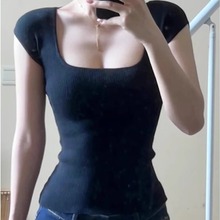 MosesQueen魔西女王美式辣妹短袖2025新款大U领螺纹紧身修身T恤女