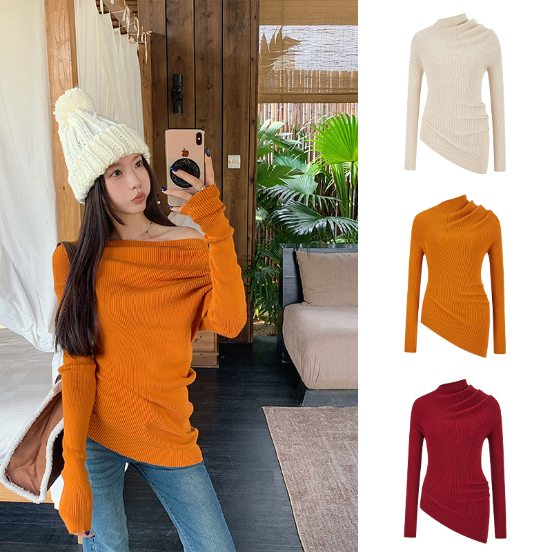 高级感斜肩针织衫女百搭毛衣上衣