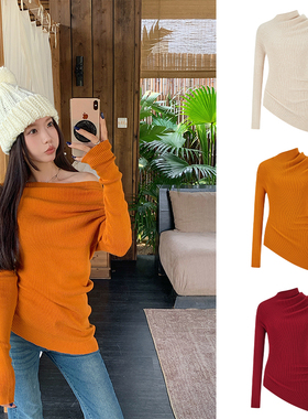 MosesQueen灰色斜肩针织衫女秋冬新款设计感百搭斜肩毛衣上衣