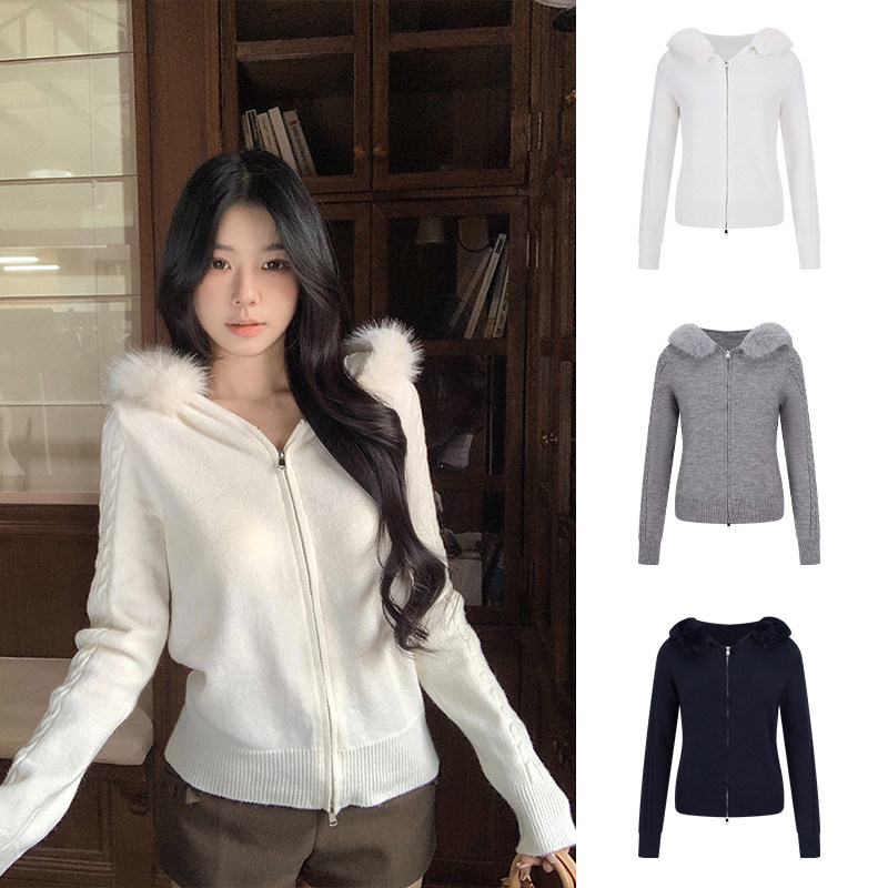 MosesQueen魔西女王毛领连帽麻花毛衣女秋冬修身针织开衫外套上衣,女装/女士精品,毛针织衫,淘宝优惠券,粉丝福利购,淘宝优惠卷