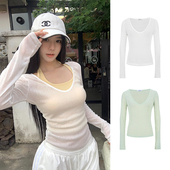 MosesQueen魔西女王慵懒风V领长袖 t恤防晒衫 夏内搭挂脖吊带背心