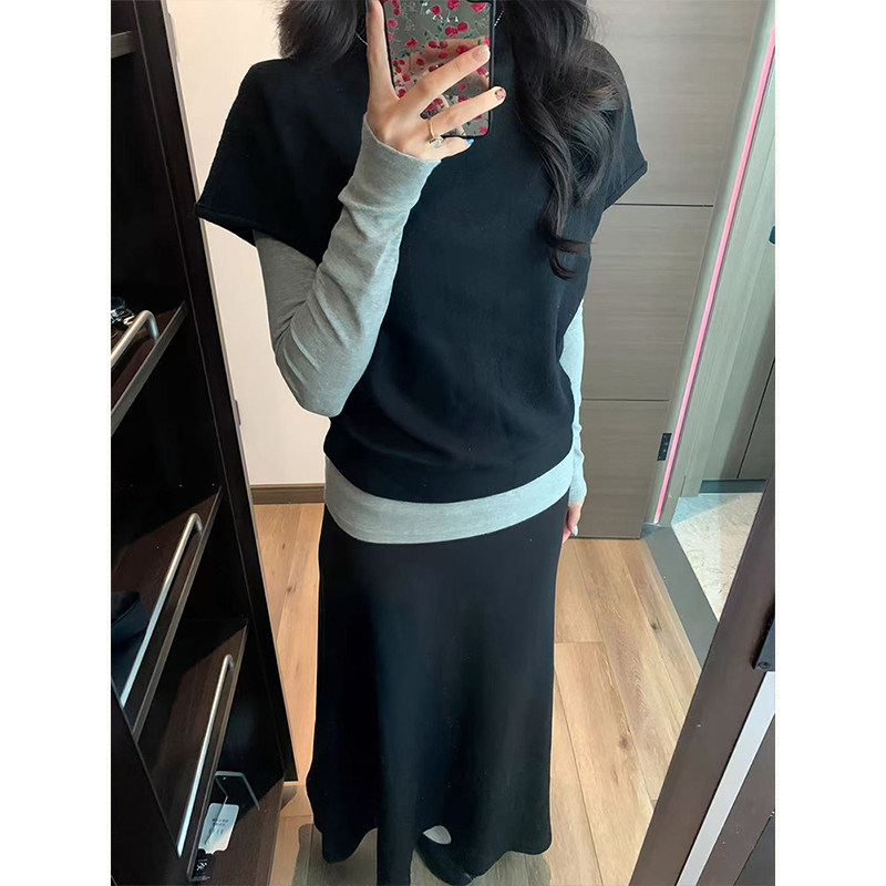 MosesQueen魔西女王立领半袖针织衫秋冬叠穿马甲背心纯色毛衣上衣