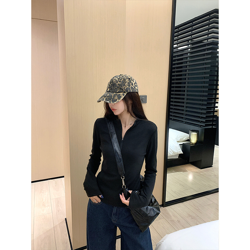 MosesQueen魔西女王美式拉链半高领长袖t恤秋冬加绒黑色打底上衣