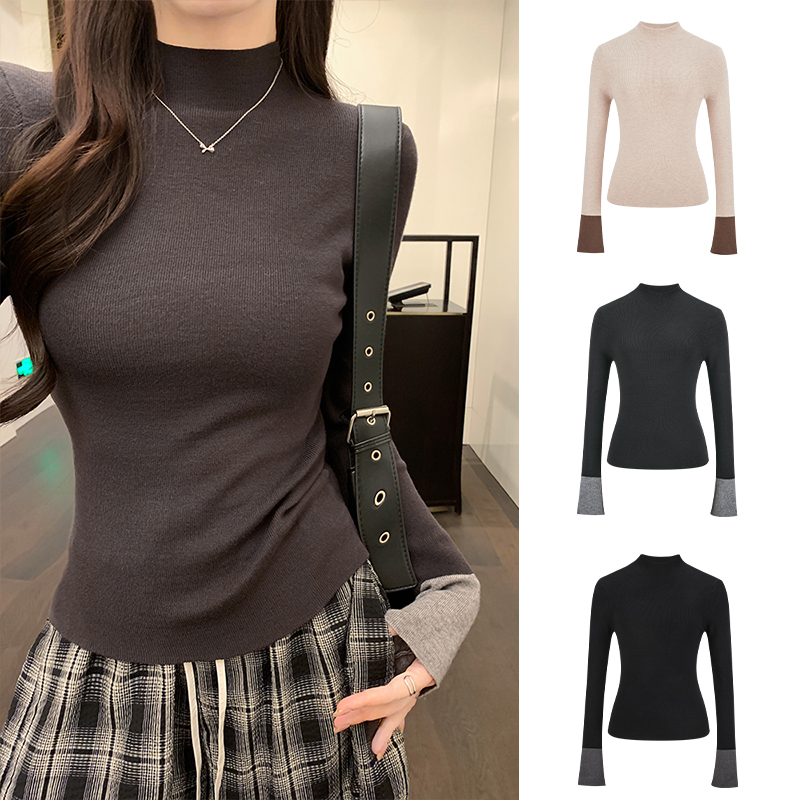 撞色半高领针织衫女内搭打底上衣