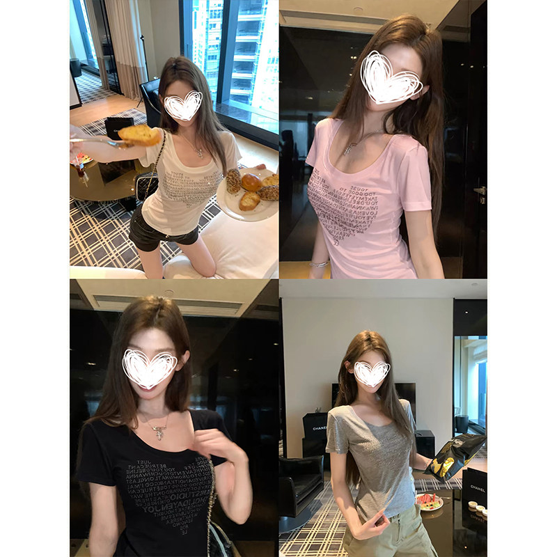MosesQueen魔西女王纯欲辣妹爱心烫钻U领短袖T恤修身显瘦上衣图片