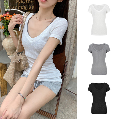 MosesQueen魔西女王基础款坑条v领短袖T恤辣妹百搭显瘦打底上衣