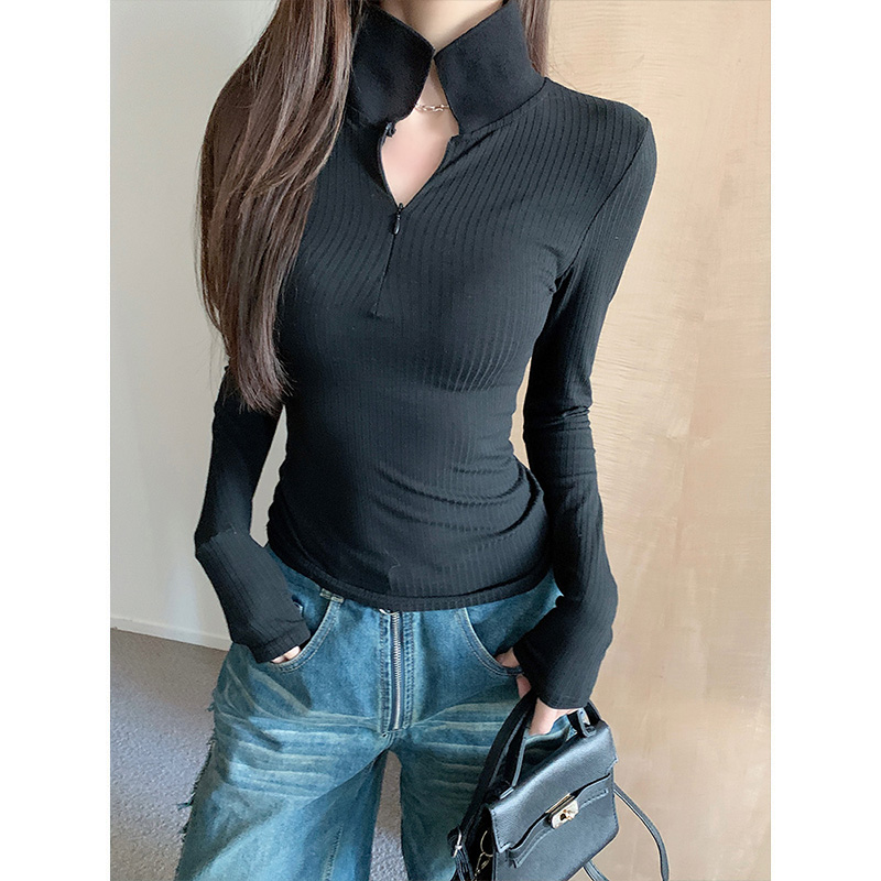 MosesQueen魔西女王半拉链翻领纯色长袖打底衫女修身显瘦上衣