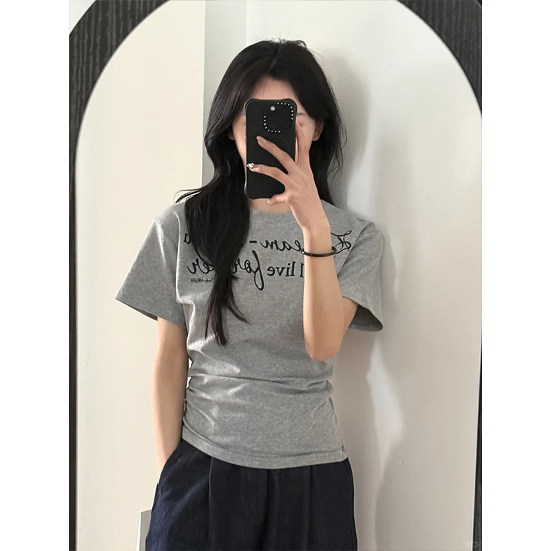 MosesQueen魔西女王灰色短袖t恤女2025夏修身设计感独特印花上衣