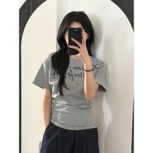 MosesQueen魔西女王灰色短袖t恤女2025夏修身设计感独特印花上衣