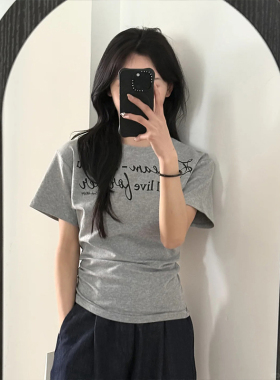 MosesQueen魔西女王灰色短袖t恤女2025夏修身设计感独特印花上衣