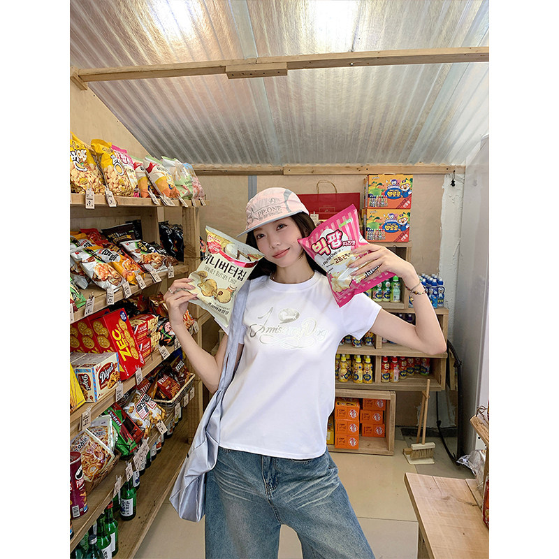 【清仓现货】夏季烫银印花正肩上衣修身短款套头短袖T恤女