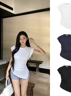 MosesQueen魔西女王不规则下摆短袖t恤女新款收腰设计感白色上衣