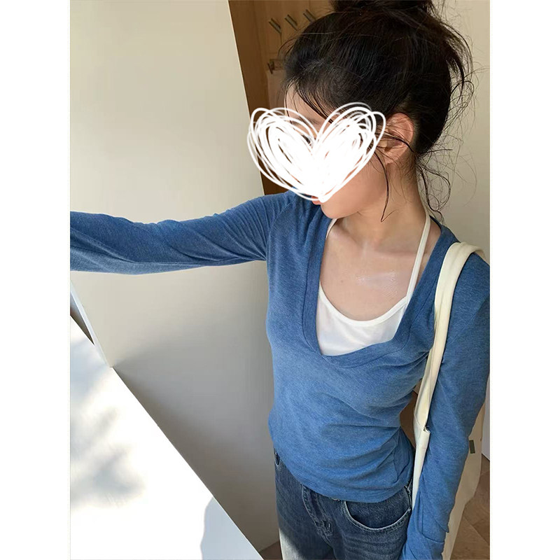 MosesQueen魔西女王假两件挂脖v领长袖T恤女秋内搭薄款打底衫上衣