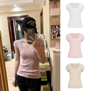 上衣 显瘦露锁骨小飞袖 MosesQueen魔西女王粉色u领针织短袖 t恤修身