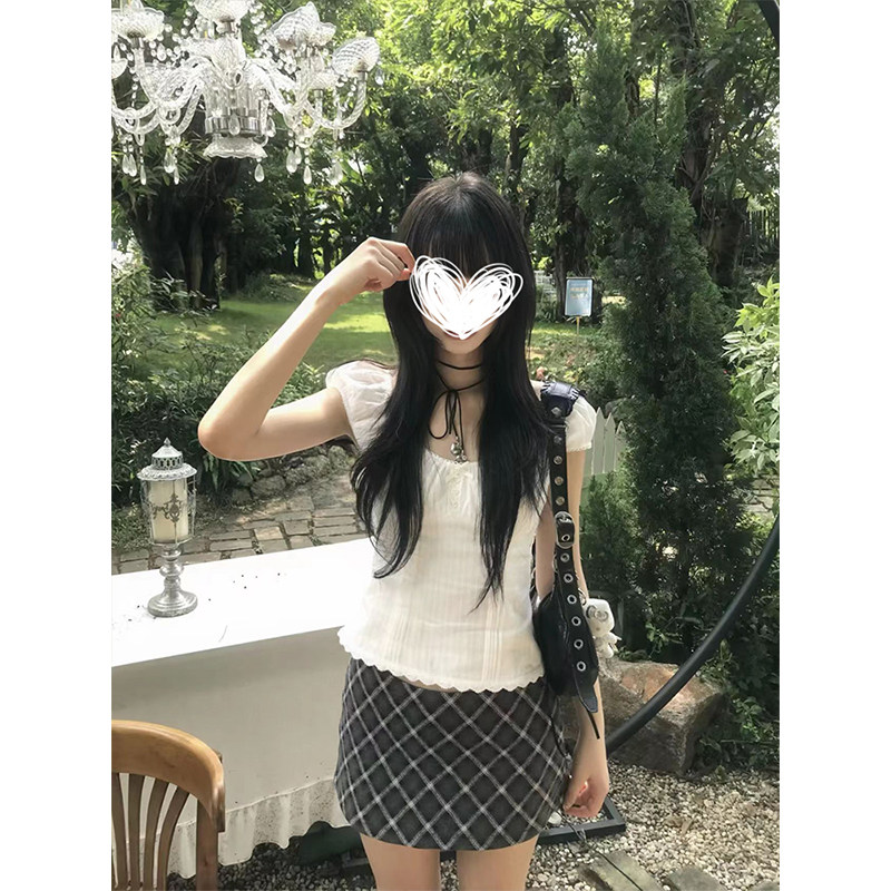 MosesQueen魔西女王夏季蕾丝拼接短袖衬衫收腰显瘦一字肩上衣图片