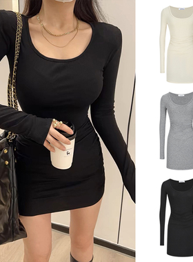 Mosesqueen魔西女王大U领辣妹连衣裙长袖打底收腰褶皱包臀短裙