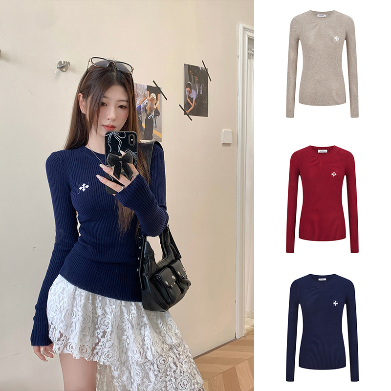 MosesQueen魔西女王美式复古竖坑条纹针织打底衫显瘦气质毛衣