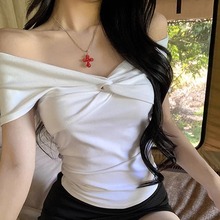 MosesQueen魔西女王法式气质T恤女别致蝴蝶结一字领短袖上衣