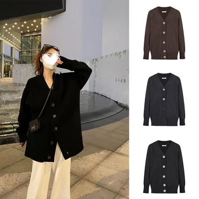 MosesQueen魔西女王黑色毛衣外套女加厚中长款慵懒宽松针织开衫